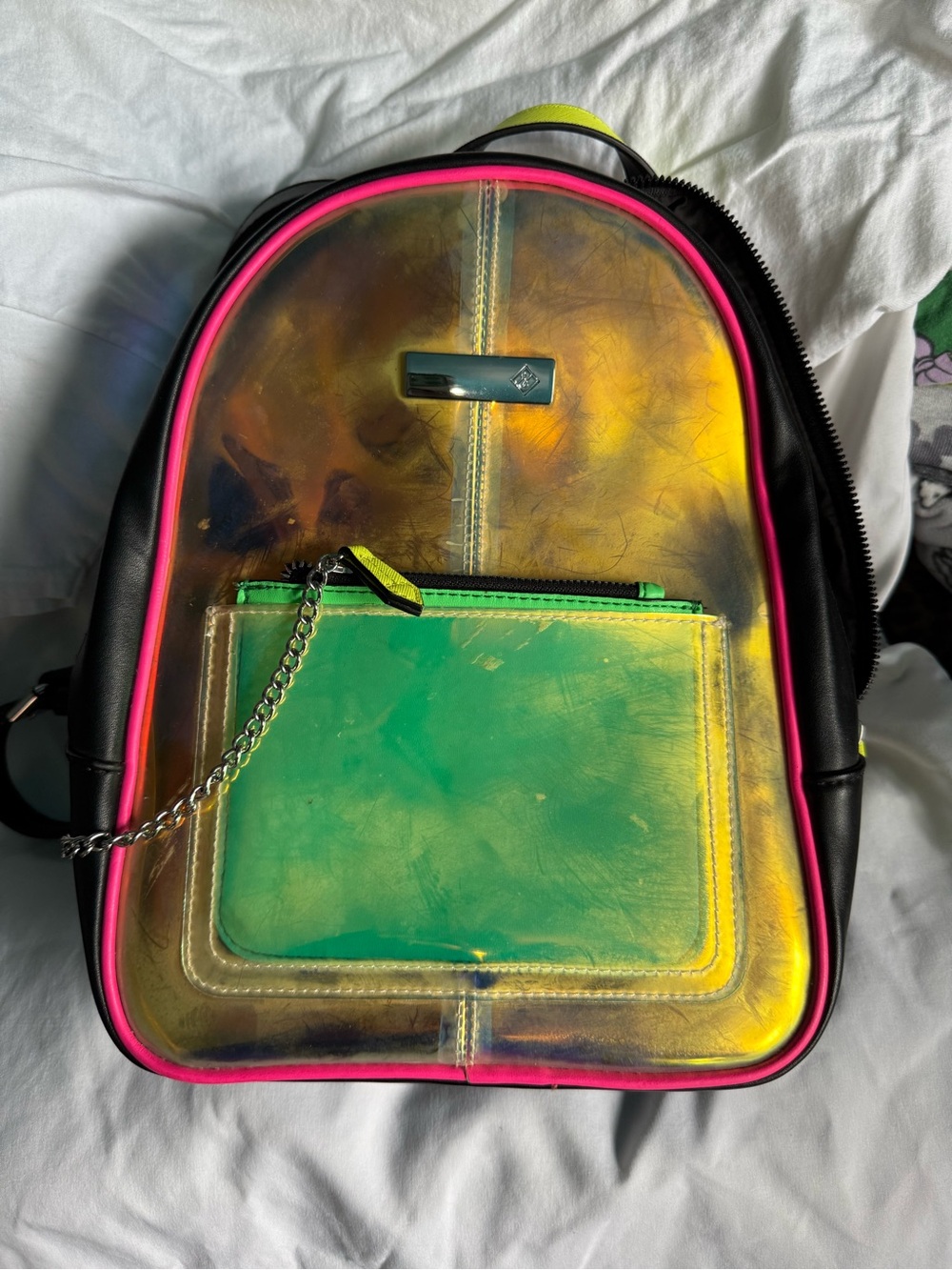 Call It Spring Iridescent Yellow-Green Mini Backpack with Pink Trim